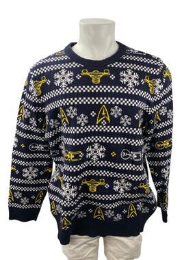 Star Trek Men's Navy Blue Fair Isle Knit Long Sleeve Crew Sweater Top One Size